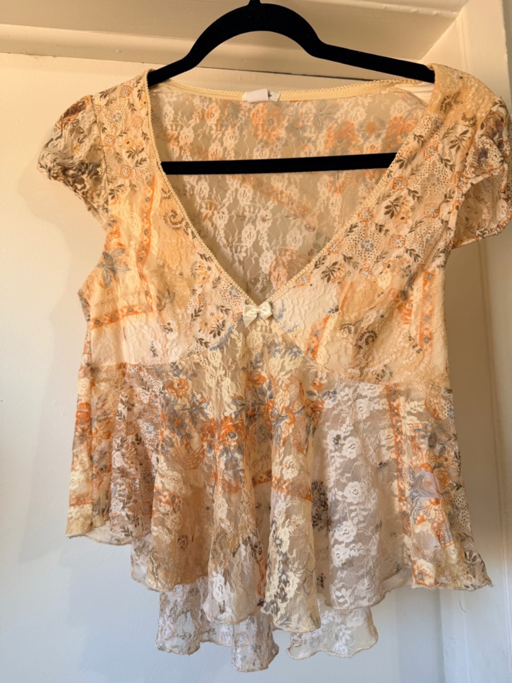 Kimchi Blue Cream Floral Lace Peplum Blouse with Orange Accents